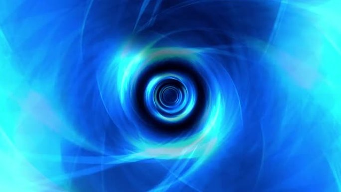 抽象蓝色氖催眠几何技术涡旋隧道在黑色背景上移动。4K 3D无缝循环与蓝色光谱辉光长隧道。VJ循环音乐