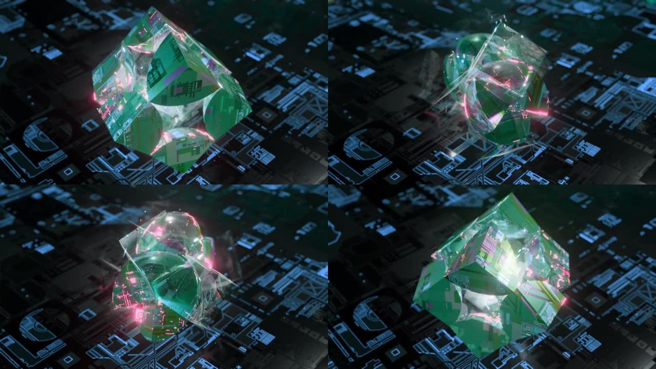 动画玻璃立方体形成一个美丽的加密技术球，反映未来