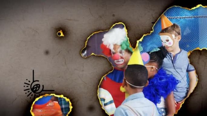 燃烧纸的动画揭示了小丑和孩子们在聚会上的乐趣