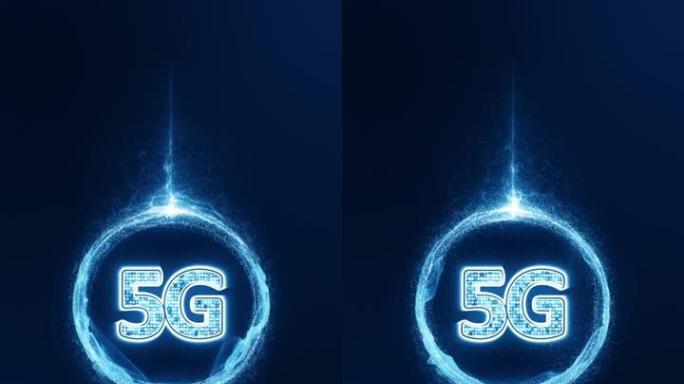 蓝色数字5g文字未来技术图标的运动图形与蓝色能量粒子球抽象背景无缝循环垂直视频