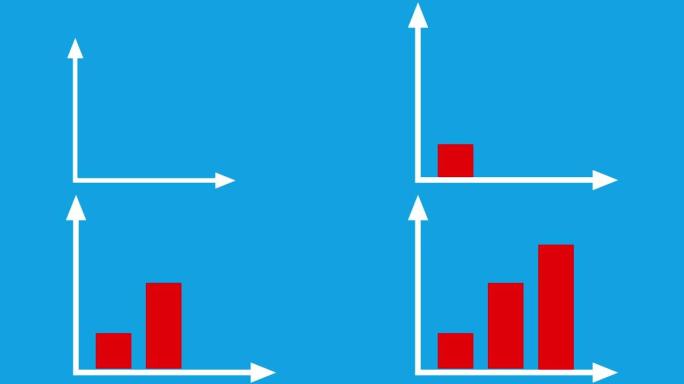 上游图的2d动画。白色的轴，两个箭头从一点延伸。三个红色的柱子从底部上升到顶部。平面动画孤立在蓝色背