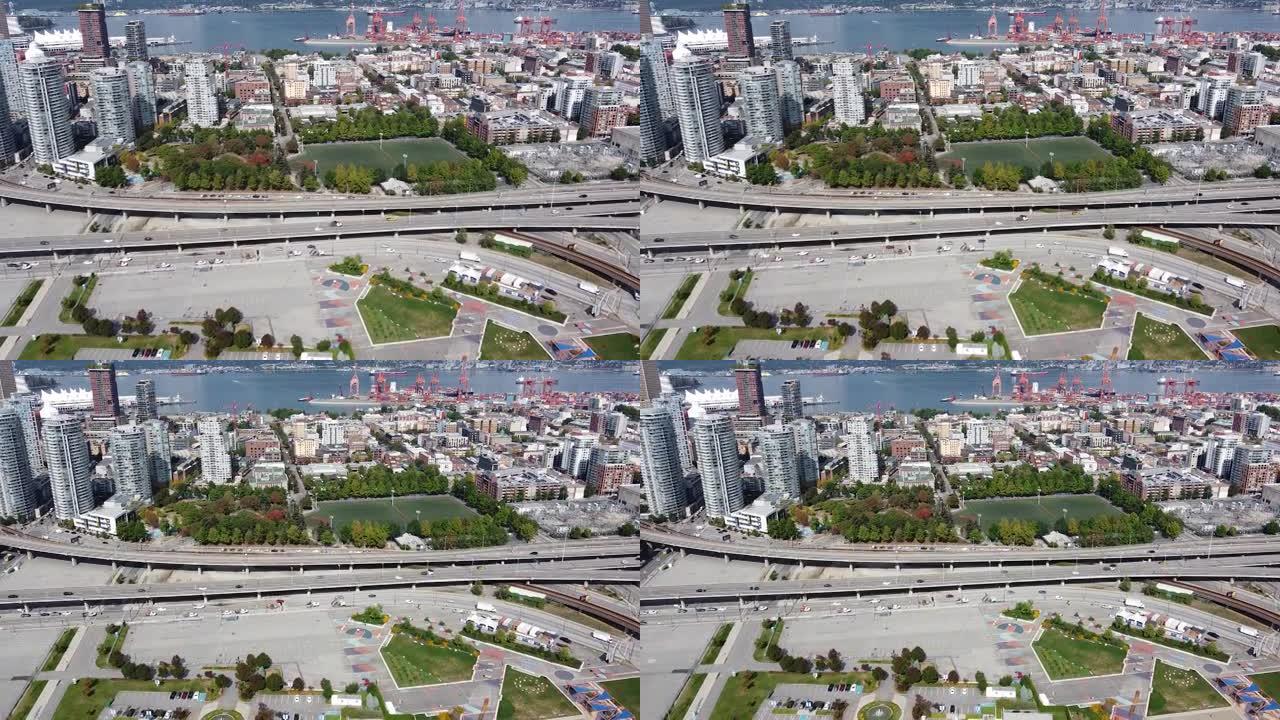 温哥华高速公路、港口、唐顿建筑和足球场的鸟瞰图