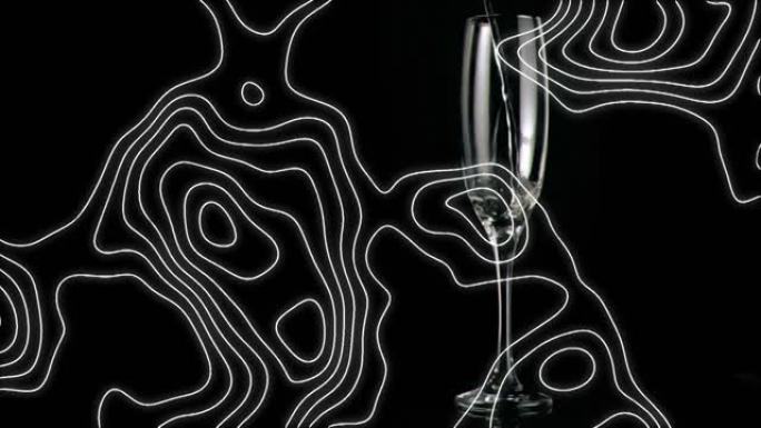 黑色背景上的香槟玻璃上的白线图案动画