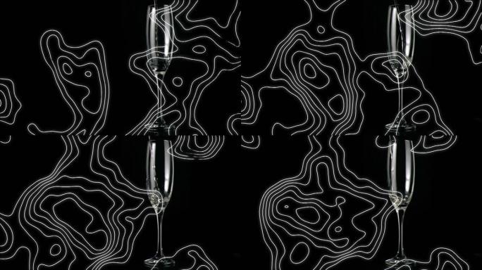 黑色背景上的香槟玻璃上的白线图案动画