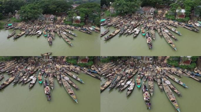 孟加拉国达卡州传统渔船的鸟瞰图。