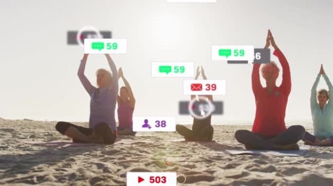 社交媒体通知的动画，超过坐在海滩上做瑜伽的女性