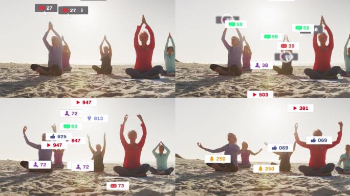 社交媒体通知的动画，超过坐在海滩上做瑜伽的女性