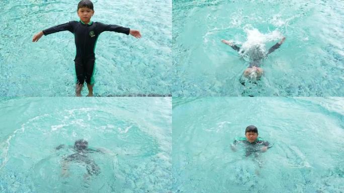 亚洲男孩在游泳池练习游泳和跳跃