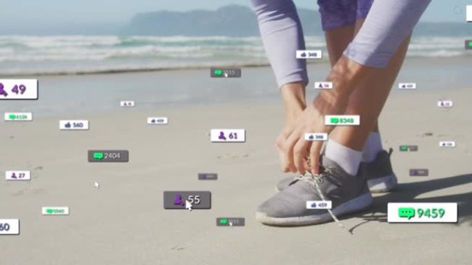 社交媒体通知的动画，在海滩上系鞋带的女人