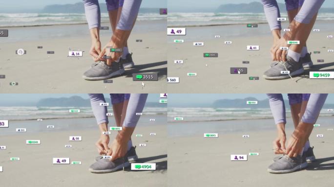 社交媒体通知的动画，在海滩上系鞋带的女人