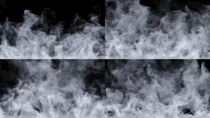 黑暗背景上的动态雾。现实大气白烟缓慢上升。烟流效应4K