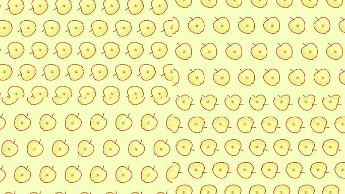 鳄梨的俯视图，半苹果，梨，菠萝，樱桃，香蕉，南瓜，西瓜跳舞，彩色背景下的运动动画。无缝循环。真正的水