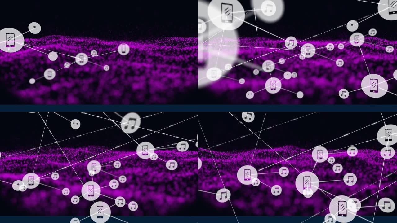 发光网格上带有图标的连接网络动画