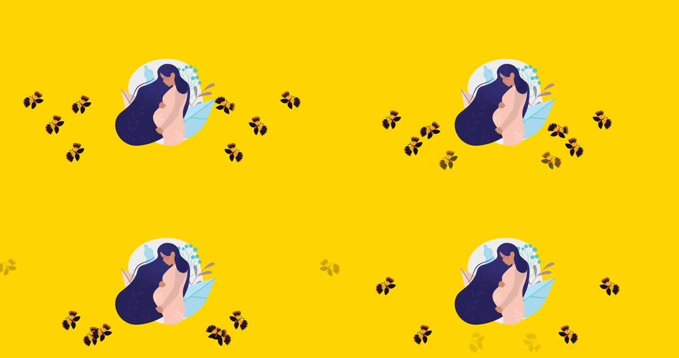 黄色背景上孕妇和蝴蝶催眠运动的动画