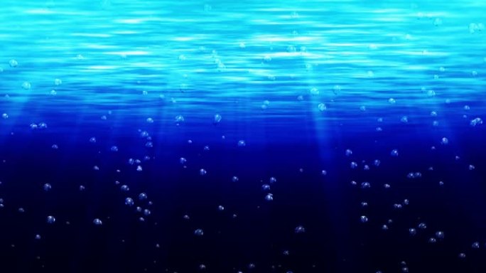 水下上升到水面的气泡。蓝色的海洋照亮了明亮的光线。海里的水泡。循环动画。