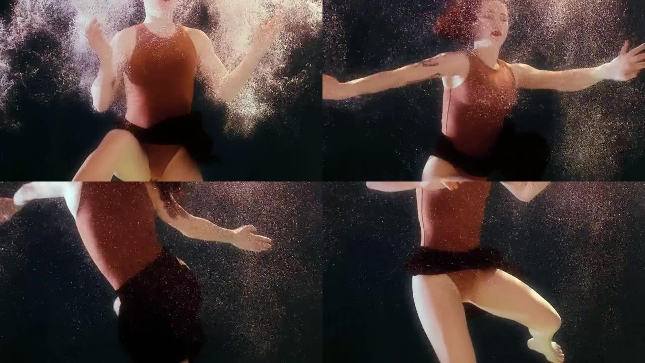 穿着泳衣和黑色裙子的女人在水中游泳，挥舞着胳膊和腿