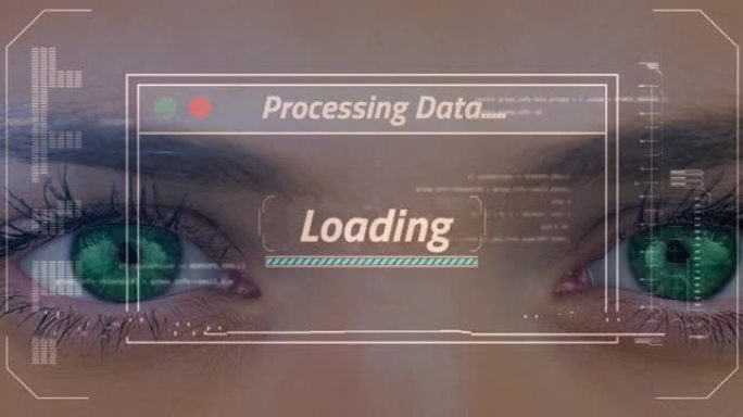 女人绿眼睛屏幕上的数据处理动画