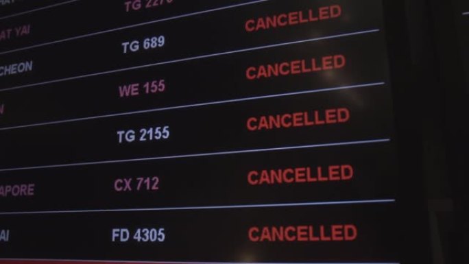 屏幕上的航班取消，由于冠状病毒新型冠状病毒肺炎而取消的旅行