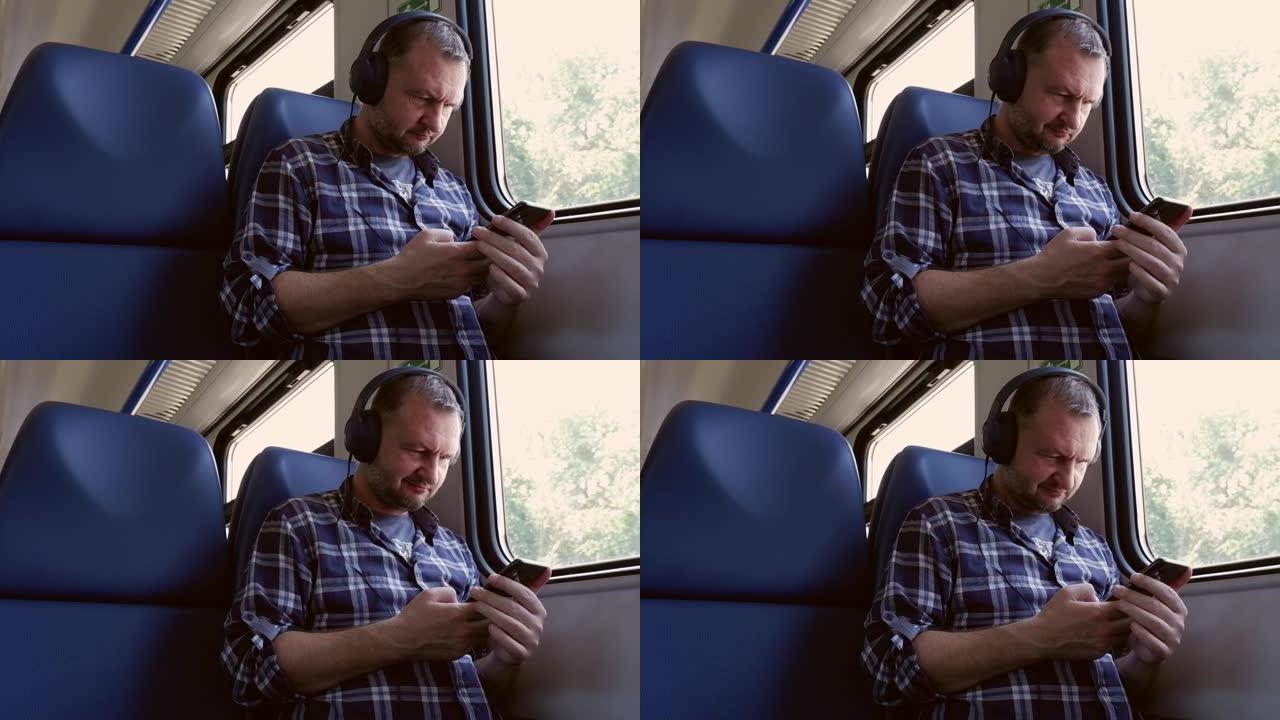 一名40岁的男子坐在火车上，戴着耳机听音乐。生活方式