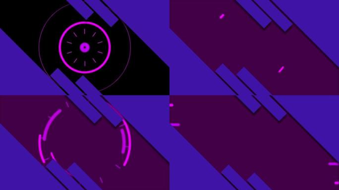 黑色背景上的粉红色圆形扫描仪上的紫色矩形动画