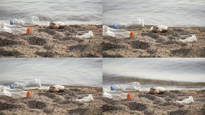 环境污染。塑料瓶，袋子，河，湖中的垃圾。漂浮在水中的垃圾和污染。慢动作