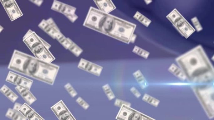 在灰色背景上，有聚光灯的美元钞票掉落的动画