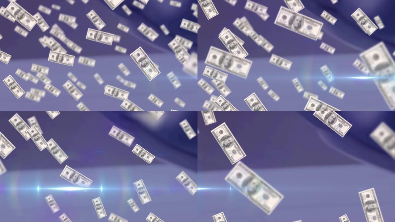 在灰色背景上，有聚光灯的美元钞票掉落的动画