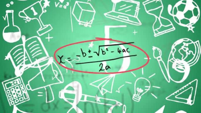 绿色背景上漂浮在学校概念图标上的数学方程式
