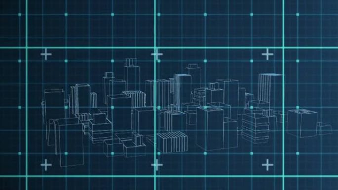 蓝色背景上的3d城市模型旋转网格网络的数字动画