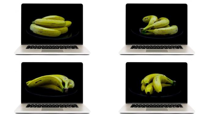 4k视频香蕉笔记本电脑深银模型，屏幕隔离在白色背景