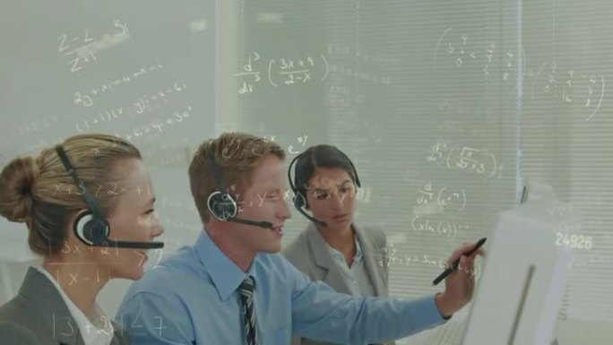 使用电话耳机在商务人士上的数字和方程式动画