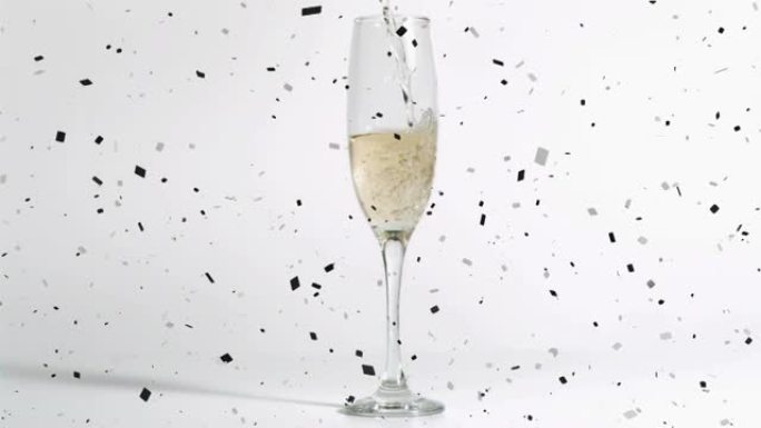 香槟杯和香槟倒酒的动画，五彩纸屑落在白色背景上
