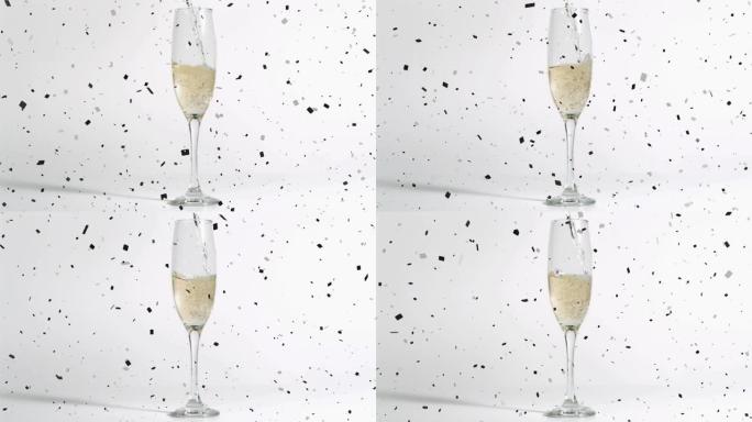 香槟杯和香槟倒酒的动画，五彩纸屑落在白色背景上