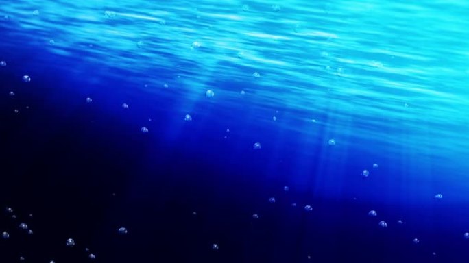 水下上升到水面的气泡。蓝色的海洋照亮了明亮的光线。海里的水泡。循环动画。