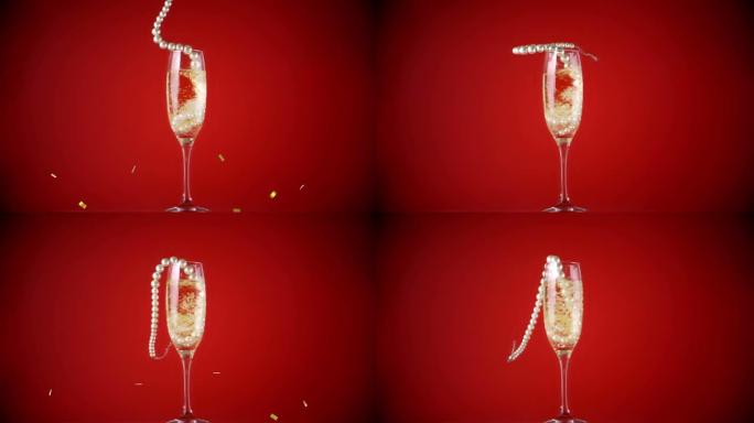 五彩纸屑掉落和珍珠项链掉进香槟杯的动画