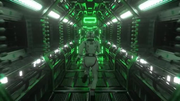 宇航员穿过隧道到太空门的另一个隔间。宇宙飞船和技术概念。无缝循环的4k动画