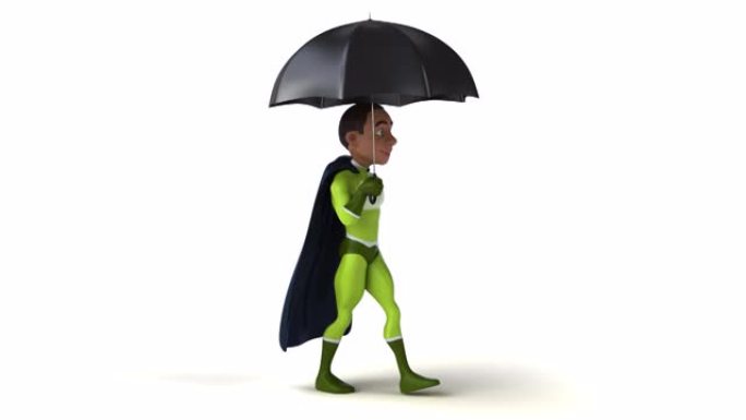 有趣的3D卡通超级英雄带伞行走