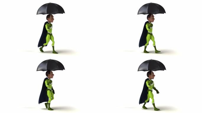 有趣的3D卡通超级英雄带伞行走