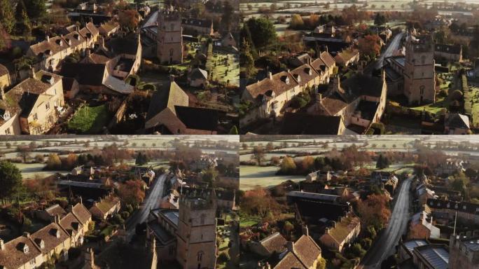 科茨沃尔德乡村教堂的空中无人机视频，英国乡村的乡村场景，英国住房市场中的房屋，财产和房地产，英格兰格