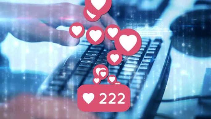 社交媒体心脏图标和数字在计算机键盘上的动画