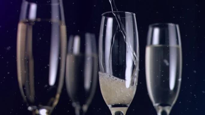 香槟杯和香槟倒酒的动画，五彩纸屑落在黑色背景上