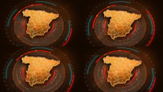 4k西班牙地图链接与未来平视显示器虚拟界面背景细节