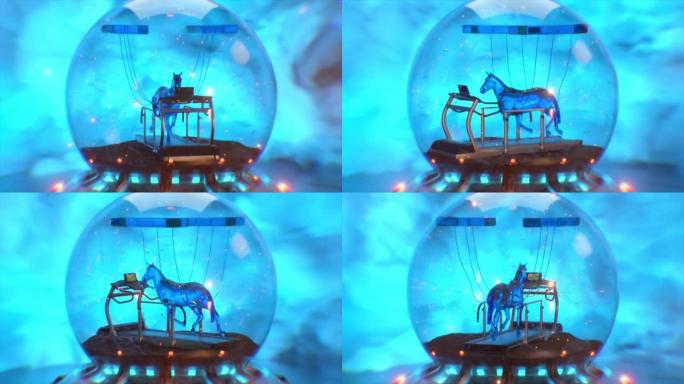 抽象神奇的液体马在雪球跑步机上训练。超现实主义和体育的不切实际的概念。无缝循环的3d动画