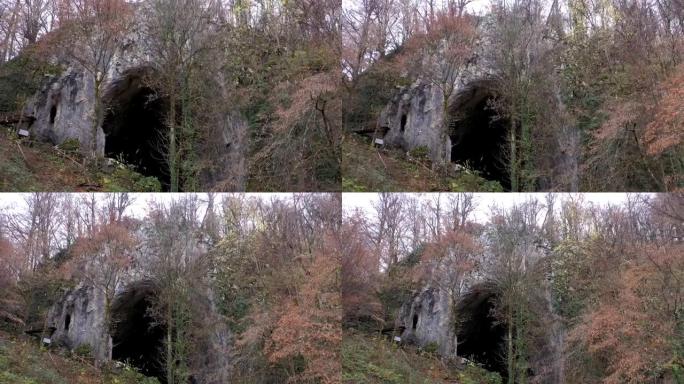 无人机在树木之间的巨大洞穴入口上方飞行