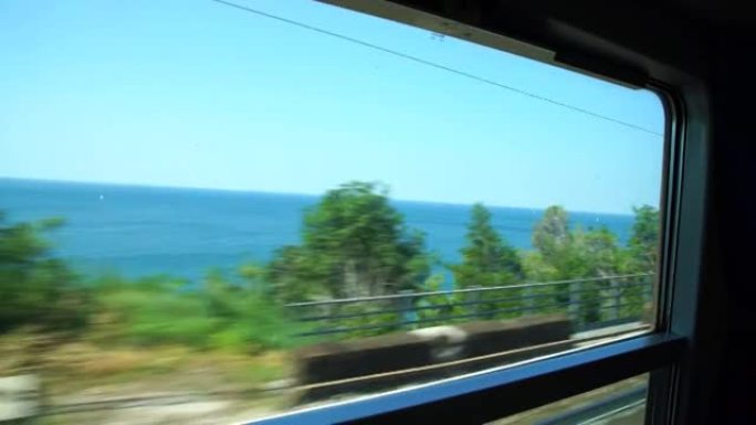 火车窗外的乡村和海洋景观变化