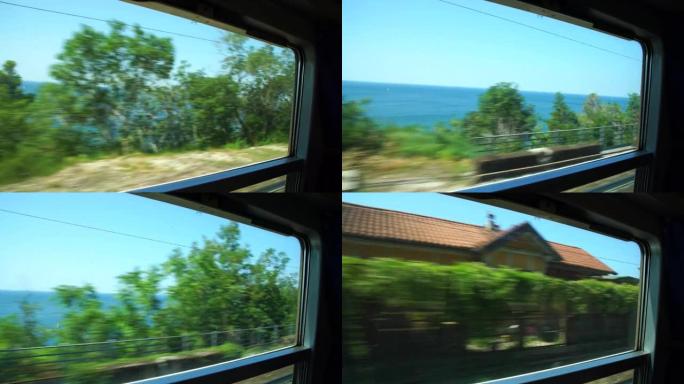 火车窗外的乡村和海洋景观变化