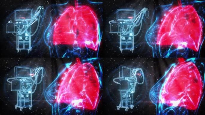 医疗保健3D动画，人肺和ICU肺呼吸机网格