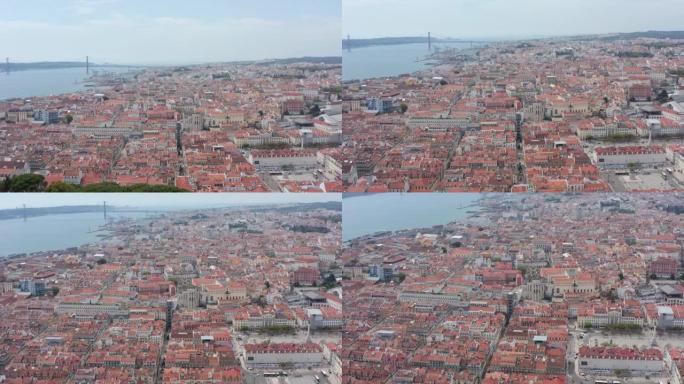 里斯本城市景观的上升全景空中展示，里斯本市中心密密麻麻的传统彩色房屋和红色屋顶