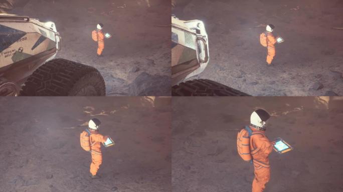 在一颗未知的沙漠星球上，一名宇航员正在他的漫游者旁边的电脑前工作。这部动画是为未来主义、科幻或太空旅