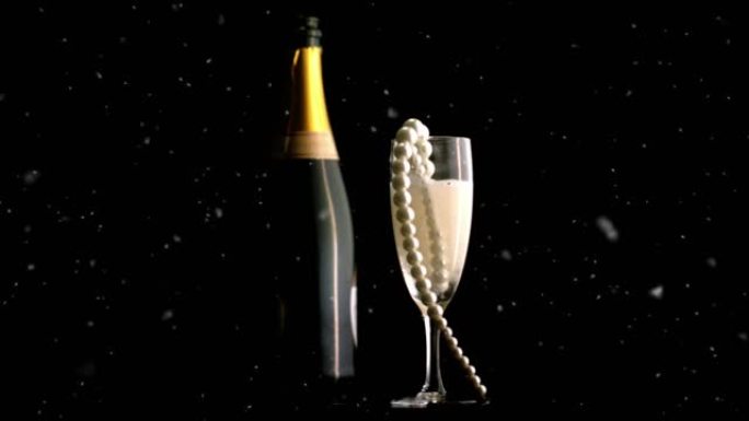 五彩纸屑掉落和香槟瓶的动画，以及带有珍珠项链的玻璃，黑色